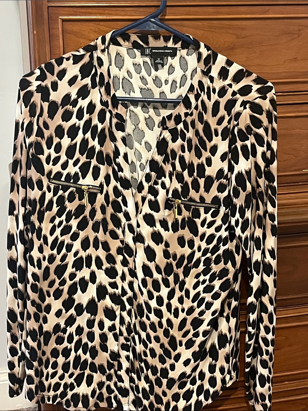 INC International Concepts Beige and Black Leopard Zip-Pocket Button-Down Top
